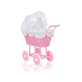 Pink Wicker Doll Carriage Pram White with Navy Blue Dots Bedding Set