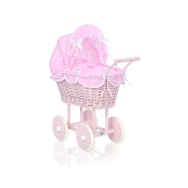 Pink Wicker Doll Pram Carriage Bedding Set White Dots on Pink