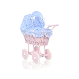Pink Wicker Doll Pram Carriage Blue with Big White Dots
