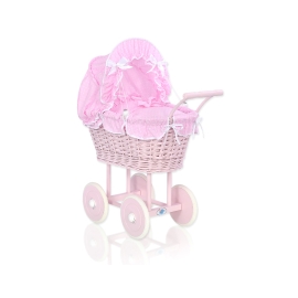 Pink Wicker Doll Pram Carriage Pink Bedding with White Dots