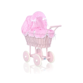 Pink Wicker Doll Pram Carriage Pink checkered Bedding