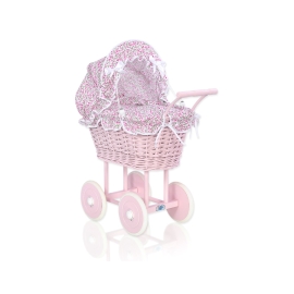 Pink Wicker Doll Pram Carriage - Pink Flowers Bedding Set