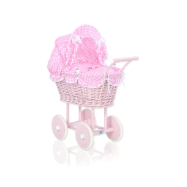 Pink Wicker Doll Pram Carriage Pink White Checkered Bedding Set