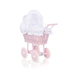 Pink Wicker Doll Pram Carriage White Bedding Set
