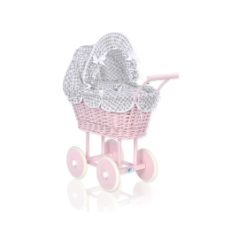 Pink Wicker Doll Pram Carriage White Gray Checkered