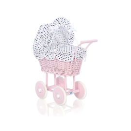 Pink Wicker Doll Pram Carriage White with Black Dots Bedding Set
