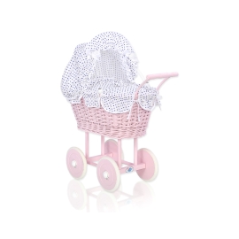 Pink Wicker Doll Pram Carriage White with Navy Blue Dots Bedding Set