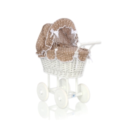 Retro Style White Wicker Doll Pram Bedding Set White Dots on Brown