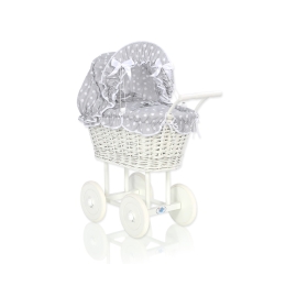 Retro Style White Wicker Doll Pram Bedding Set White Dots on Gray