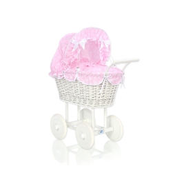 Retro Style White Wicker Doll Pram Bedding Set White Dots on Pink