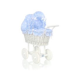 Retro Style White Wicker Doll Pram Blue with Big White Dots