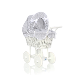 Retro Style White Wicker Doll Pram Gray with White Dots Bedding Set