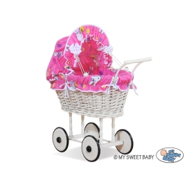 Retro Style White Wicker Doll Pram Pink Bedding - Princesses