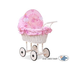 Retro Style White Wicker Doll Pram Pink Bedding - Princesses