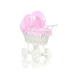 Retro Style White Wicker Doll Pram Pink Bedding with White Dots