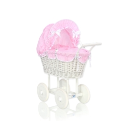 Retro Style White Wicker Doll Pram Pink checkered Bedding