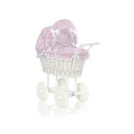 Retro Style White Wicker Doll Pram Pink Flowers Bedding Set