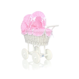 Retro Style White Wicker Doll Pram Pink White Checkered Bedding Set