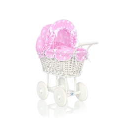 Retro Style White Wicker Doll Pram Pink with Big White Dots Bedding Set