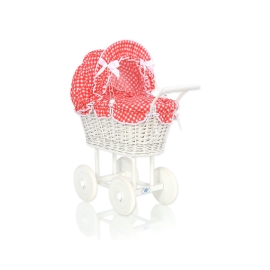 Retro Style White Wicker Doll Pram Red Check Bedding