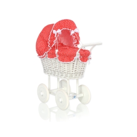 Retro Style White Wicker Doll Pram Red with White Dots