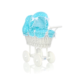 Retro Style White Wicker Doll Pram Turquoise with White Dots Bedding Set