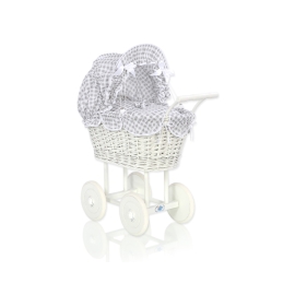 Retro Style White Wicker Doll Pram White Gray Checkered