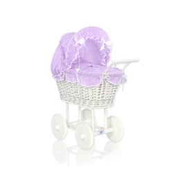 Retro Style White Wicker Doll pram White-Lilac Checkered Bedding Set