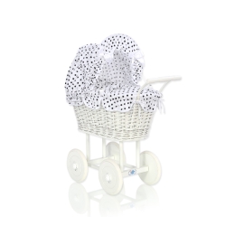 Retro Style White Wicker Doll Pram White with Black Dots Bedding Set