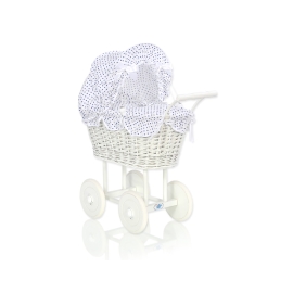 Retro Style White Wicker Doll Pram White with Navy Blue Dots Bedding Set