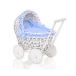 White Wicker Doll Bassinet Stroller Retro Style Basket Handmade  Bedding Set White Dots on Blue