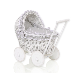 White Wicker Doll Bassinet Stroller Retro Style Basket Handmade  Bedding Set White Dots on Gray