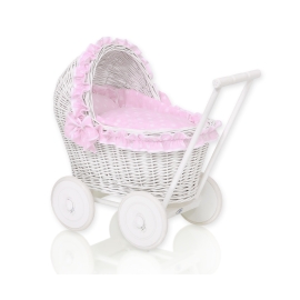 White Wicker Doll Bassinet Stroller Retro Style Basket Handmade  Bedding Set White Dots on Pink