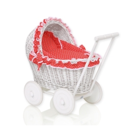 White Wicker Doll Bassinet Stroller Retro Style Basket Handmade  Red with White Dots