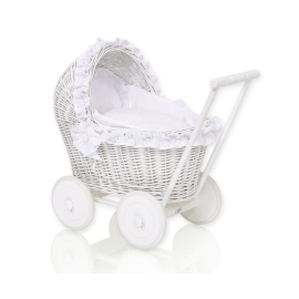 White Wicker Doll Bassinet Stroller Retro Style Basket Handmade  White Bedding Set