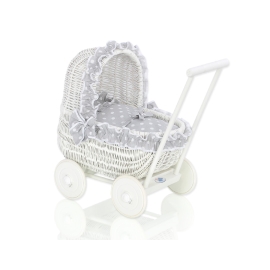 White Wicker Doll Pram Basket Bedding Set White Dots on Gray