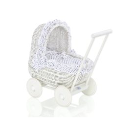 White Wicker Doll Pram Basket Bedding Set White with Navy Blue Dots