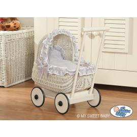 White Wicker Doll Pram Basket Gray Bedding with White Trimming