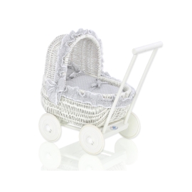 White Wicker Doll Pram Basket Gray with White Dots Bedding Set