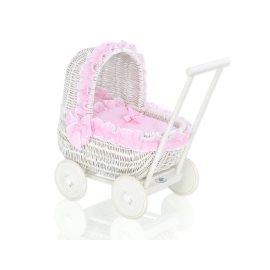 White Wicker Doll Pram Basket Pink Bedding with White Dots