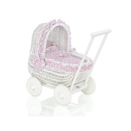 White Wicker Doll Pram Basket Pink with White Dots Bedding Set