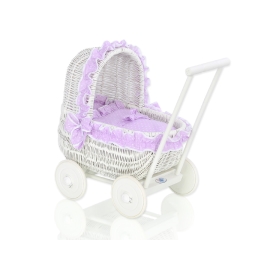 White Wicker Doll Pram Basket Purple with White Dots Dolls Bedding
