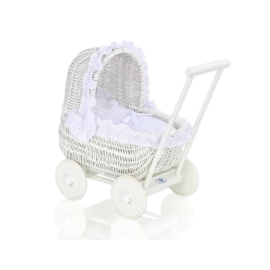 White Wicker Doll Pram Basket White Bedding Set
