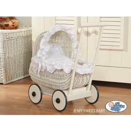 White Wicker Doll Pram Basket White Bedding with White Lace and Trimming