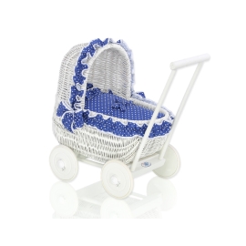 White Wicker Doll Pram Basket with Bedding Navy Blue with White Dots