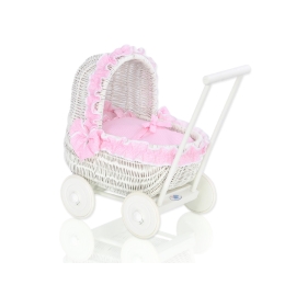 White Wicker Doll Pram Basket with Pink checkered Bedding