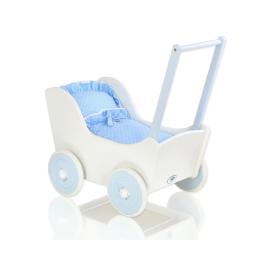 White with Blue Wooden Carriage for Dolls Bedding Set White Dots on Blue