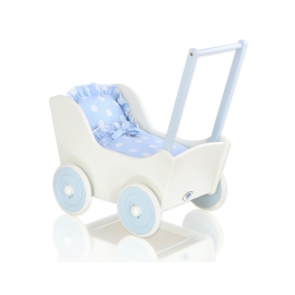White with Blue Wooden Carriage for Dolls Blue with Big White Dots