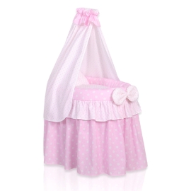 Wicker crib for dolls with drape no. 2159 Bedding Set White Dots on Pink