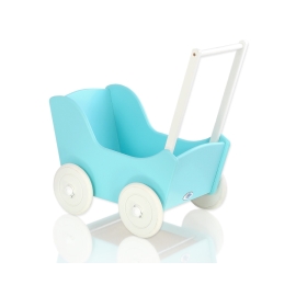 Wooden Doll Carriage Turquoise with White